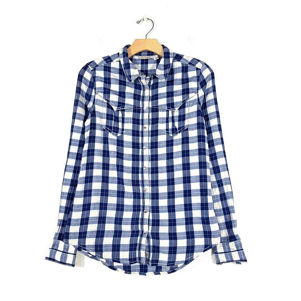 ANTHROPOLOGIE Holding Horses Western Pearl Snap Button Down Cowgirl Blue Plaid 0